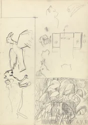 黄金の子牛の洞窟（黒鉛と黒インク）のための樹上の家、動物、およびフロアプランの研究（Versoについては265066を参照）